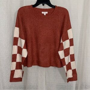 blu pepper XL Brick Red Ivory Heather Knit Crew Checker Sleeve Boxy Sweater